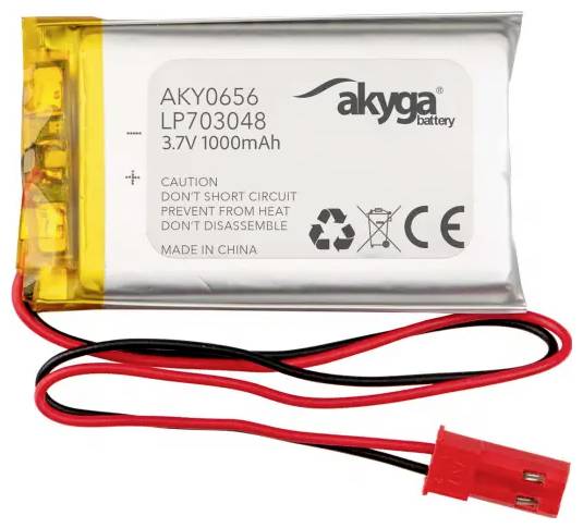 Akumulator litowo-jonowy do ładowania o oznaczeniu „akya battery" 3,7V 1000mAh z czerwonymi i czarnymi przewodami oraz złączem.