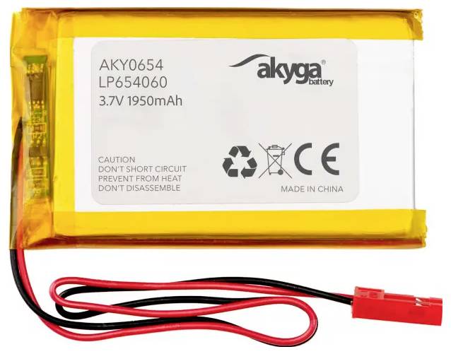 Mały, akumulatorowy zestaw baterii litowo-polimerowych Akyga z czerwonymi i czarnymi przewodami oraz czerwonym złączem, oznaczony 3.7V 1950mAh.