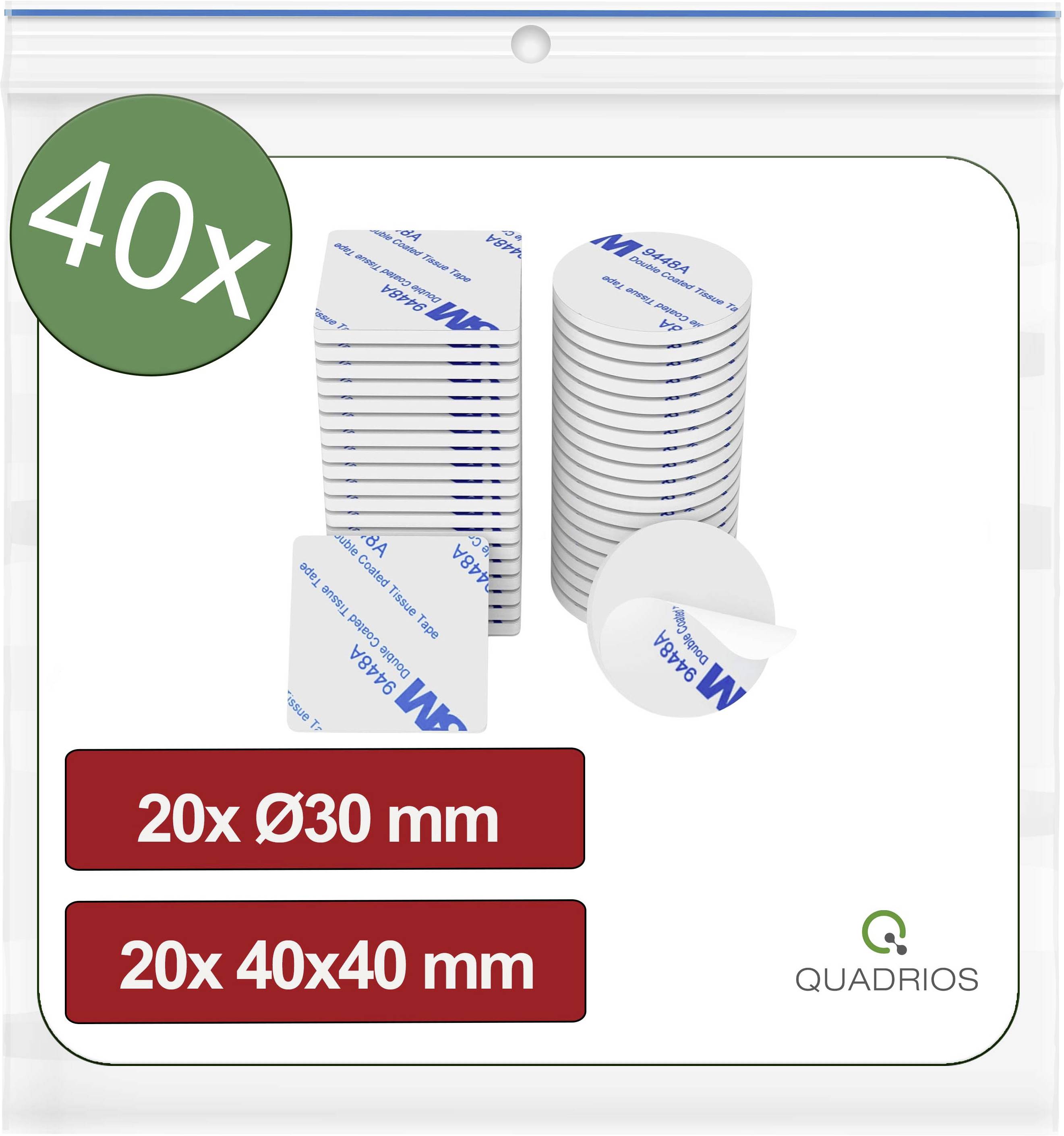 Obraz produktu pokazujący 40 samoprzylepnych białych podkładek/dysków w rozmiarach 30 mm i 40x40 mm, oznaczonych „20x Ø30 mm" i „20x 40x40 mm" z marką Quadrios.