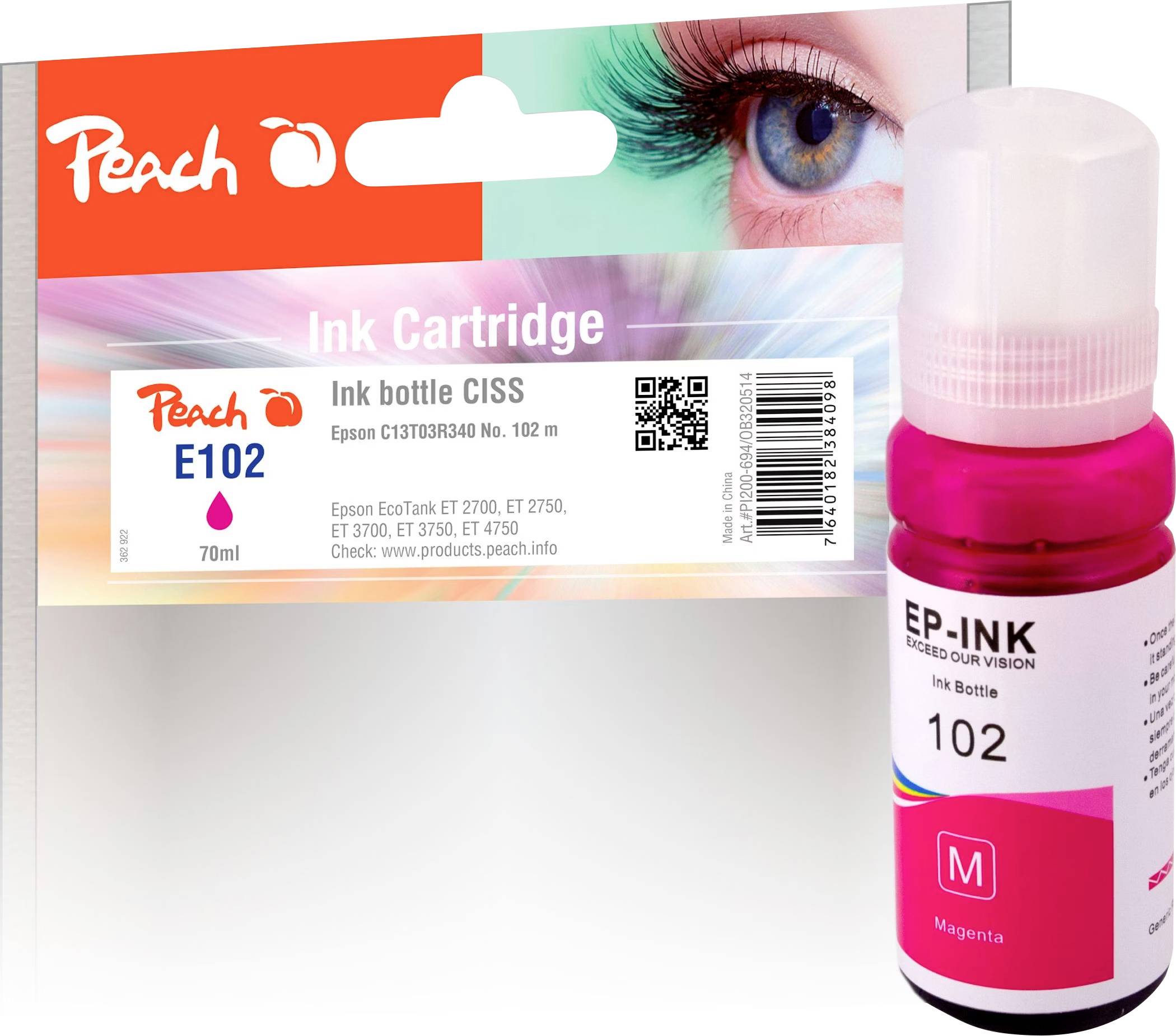 Butelka z różowym tuszem Magenta Peach E102 obok opakowania wkładu atramentowego; kompatybilna z urządzeniami Epson, pojemność 70 ml.