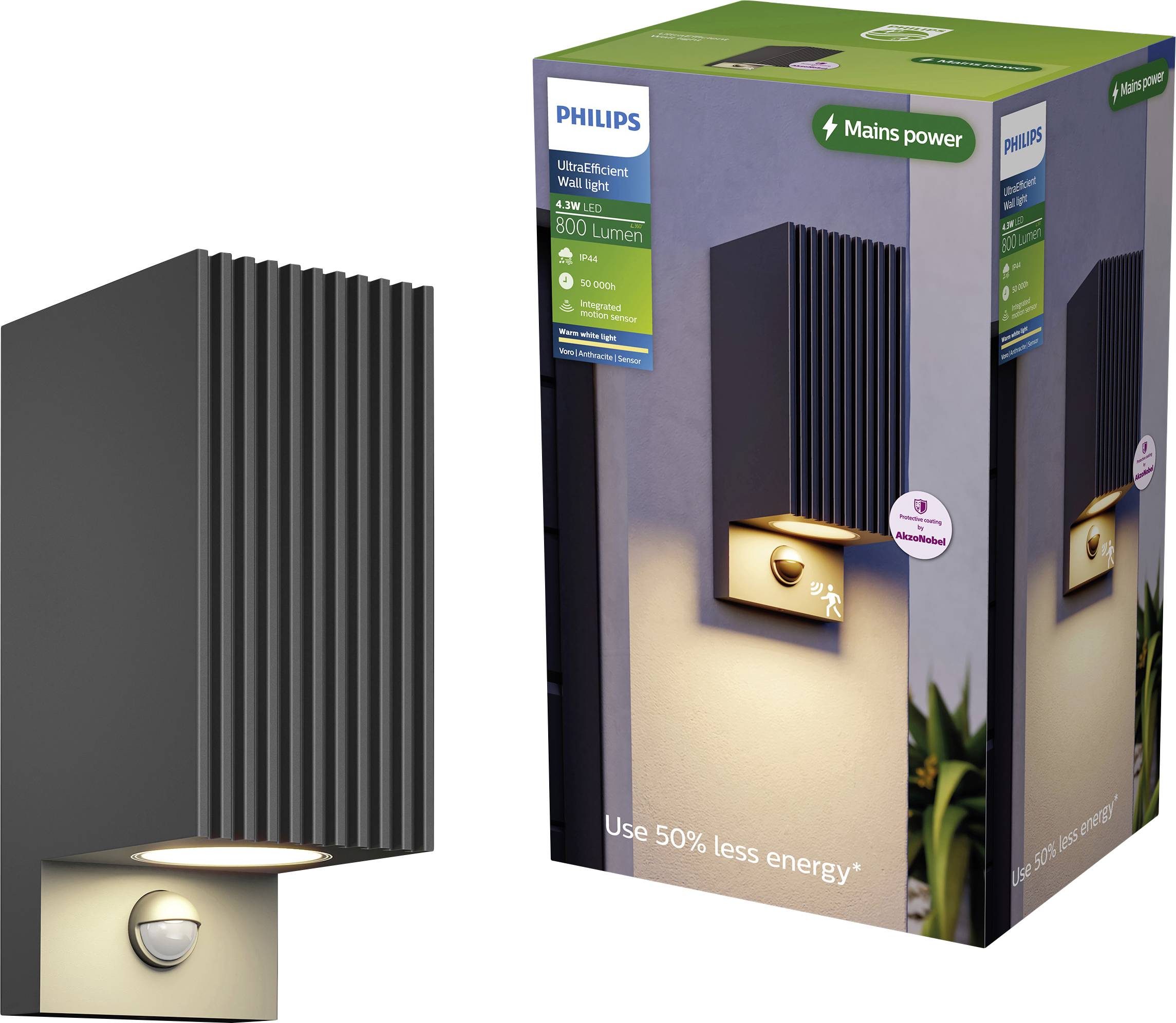 Czarna lampa ścienna Philips do użytku na zewnątrz z czujnikiem ruchu pokazana obok opakowania produktu, etykietowana 4W LED, 800 lumenów, zasilanie z sieci, oraz zużywa 50% mniej energii.