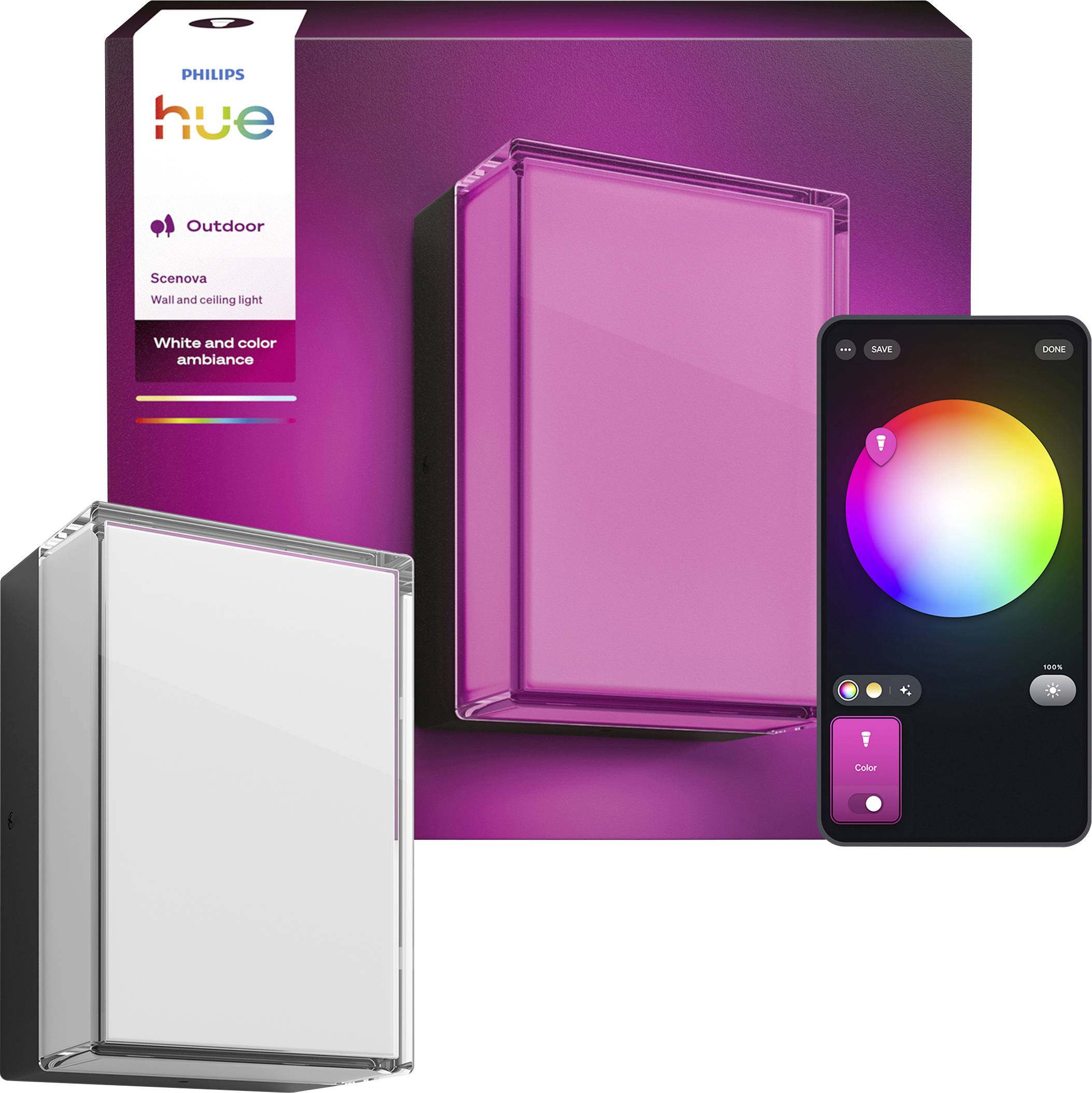 Opakowanie oświetlenia ścienno-sufitowego Philips Hue Outdoor Scenova, pokazujące prostokątne lampy i aplikację smartfona z regulacją koła barw.
