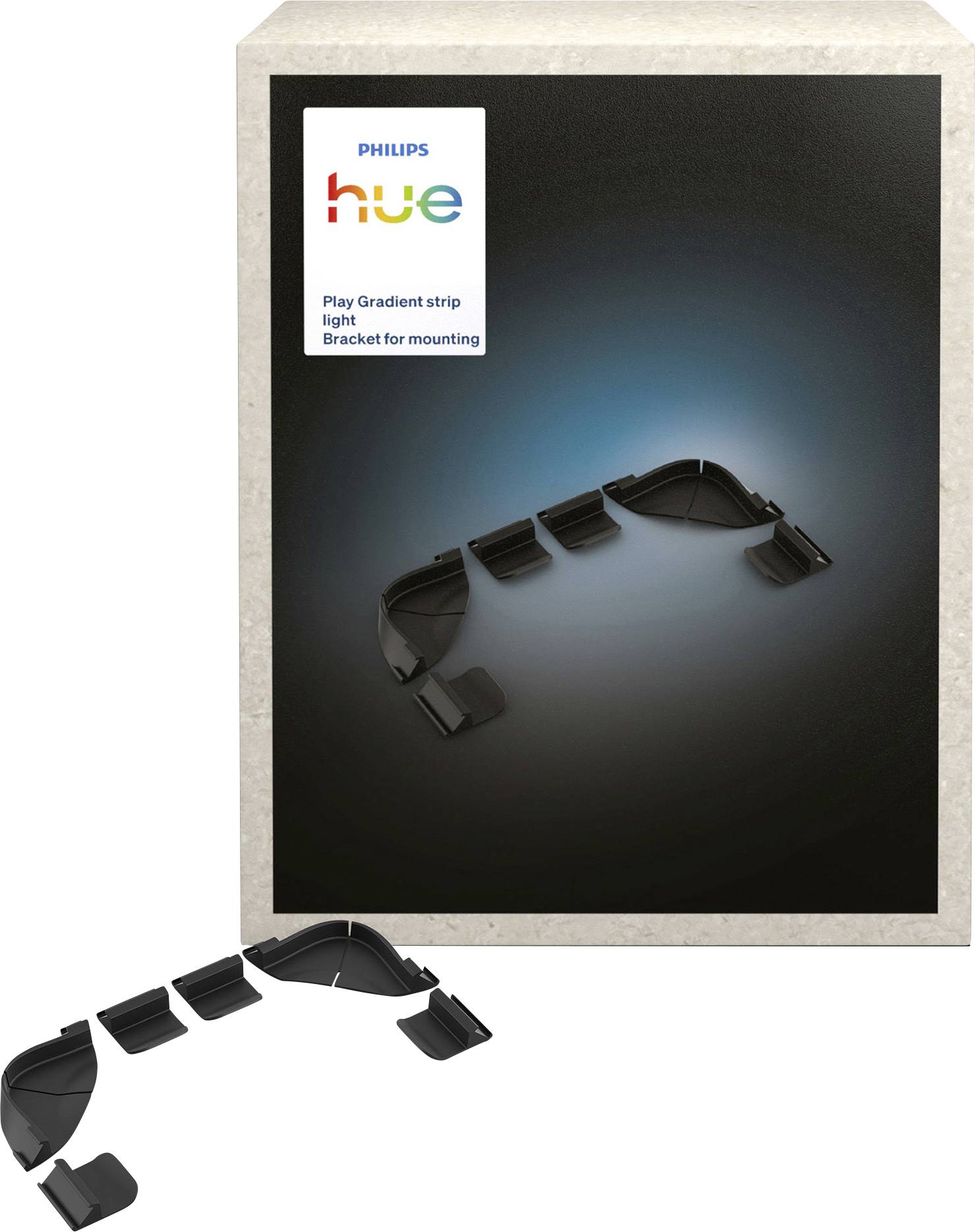 Pasek świetlny Philips Hue Play Gradient ze wspornikiem montażowym, pokazany na opakowaniu produktu ze wspornikiem montażowym wyświetlanym poniżej.