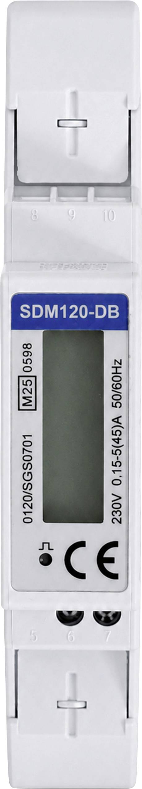 Biały moduł elektryczny na szynę DIN oznaczony SDM120-DB z małym wyświetlaczem LCD, oznaczeniami modelu i certyfikacją oraz punktami połączeń terminalowych.