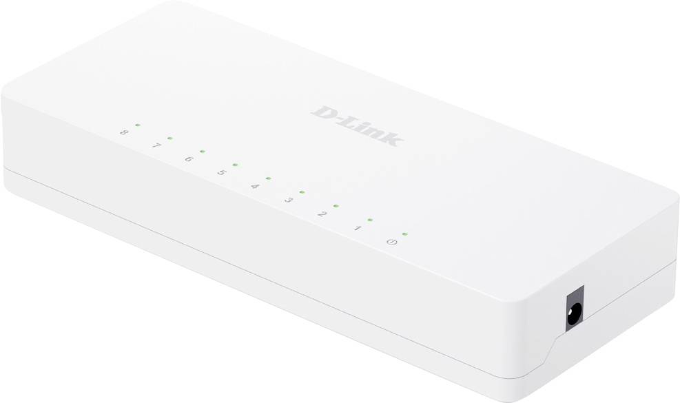Białe urządzenie sieci bezprzewodowej D-Link ze wskaźnikami stanu i portem zasilania, pokazane w ukośnym widoku produktu.