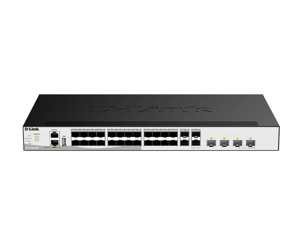 Przełącznik sieciowy D-Link do montażu w szafie z wieloma portami Ethernet i diodami LED stanu na panelu przednim