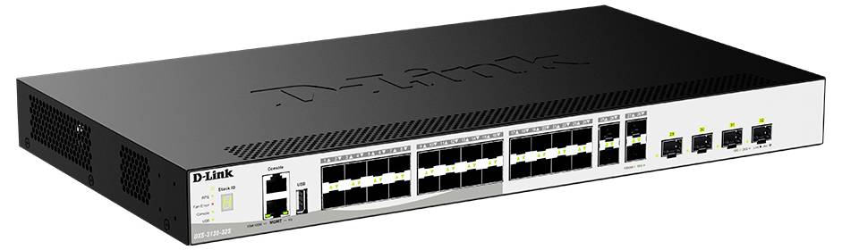 Widok z przodu przełącznika sieciowego D-Link z wieloma portami Ethernet i diodami LED stanu, pokazany na białym tle.