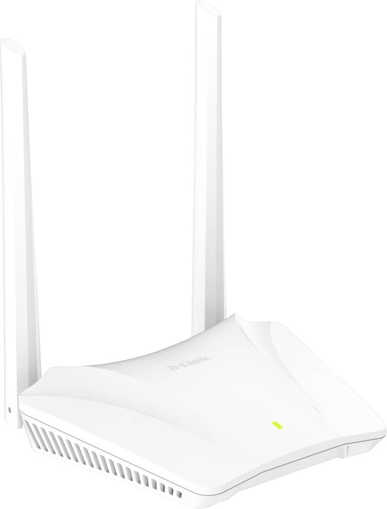 Biały bezprzewodowy router D-Link z dwiema pionowymi antenami i małym zielonym światłem statusu na zwykłym białym tle.