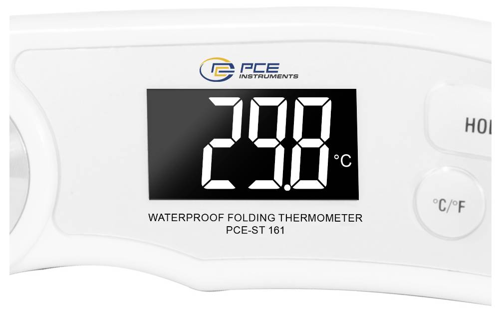 Cyfrowy wyświetlacz termometru pokazujący 29,8°C, oznaczony jako wodoodporny składany termometr PCE Instruments PCE-ST 161, z przyciskami °C/°F i hold.