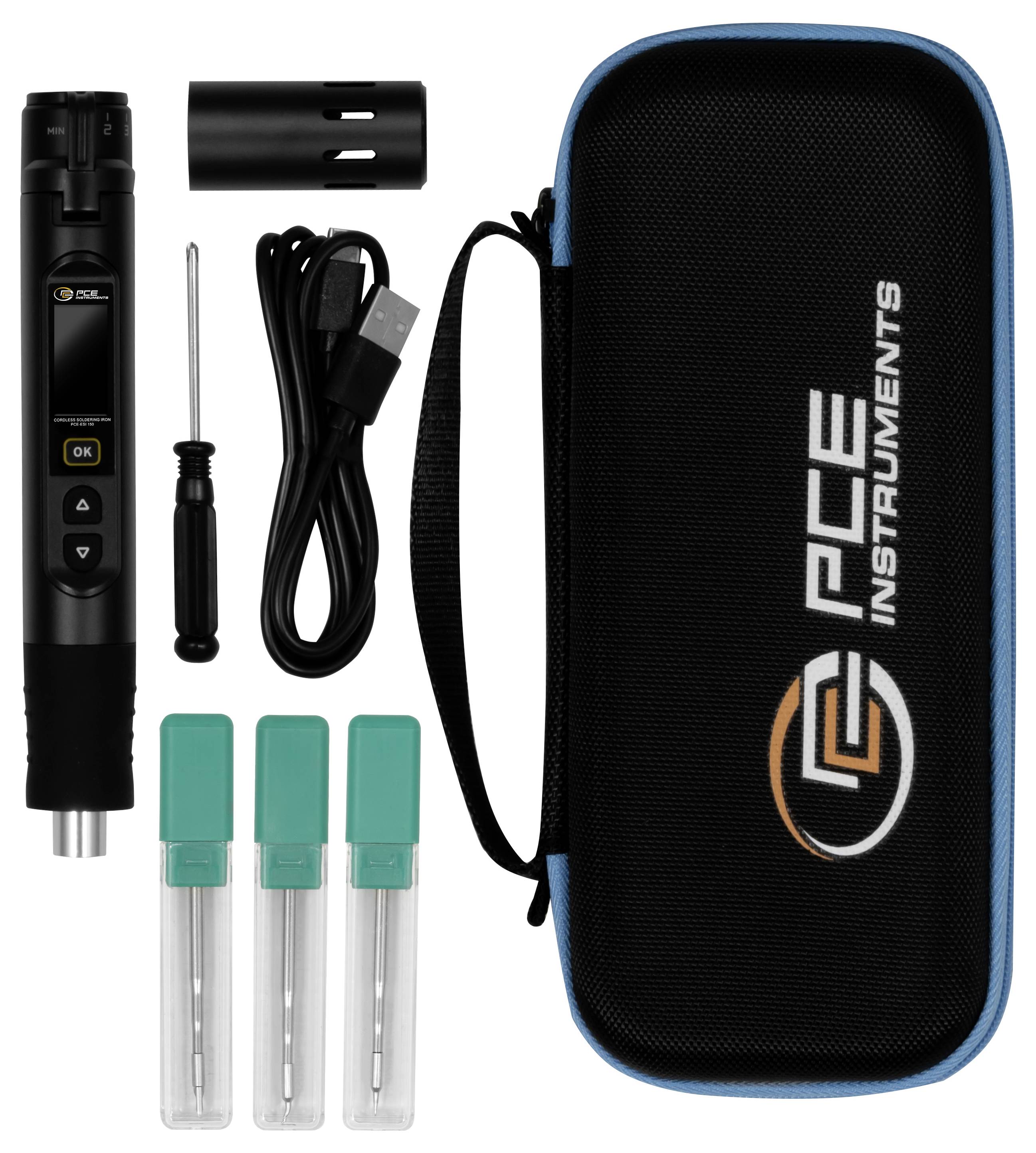 Przenośny zestaw instrumentów PCE z przenośnym miernikiem, śrubokrętem, kablem USB, trzema tulejkami próbek i etui z zamkiem błyskawicznym.