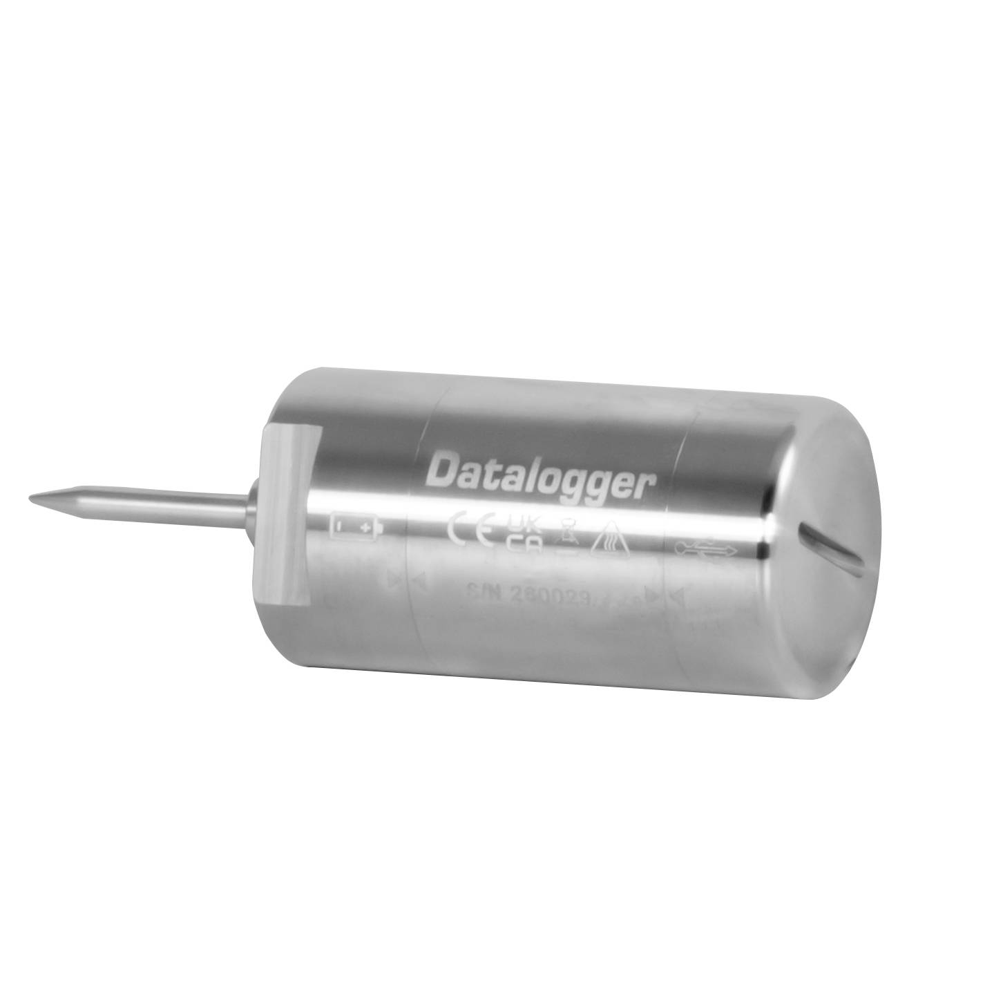 Metalowy cylindryczny rejestrator danych z ostrym sondą wyciągającą się z jednego końca, pokazany na białym tle.