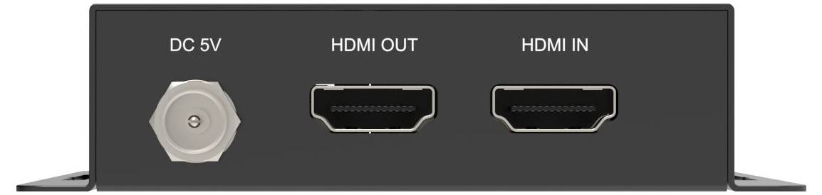 Panel tylny urządzenia pokazujący wejście zasilania DC 5V, port HDMI OUT i port HDMI IN.