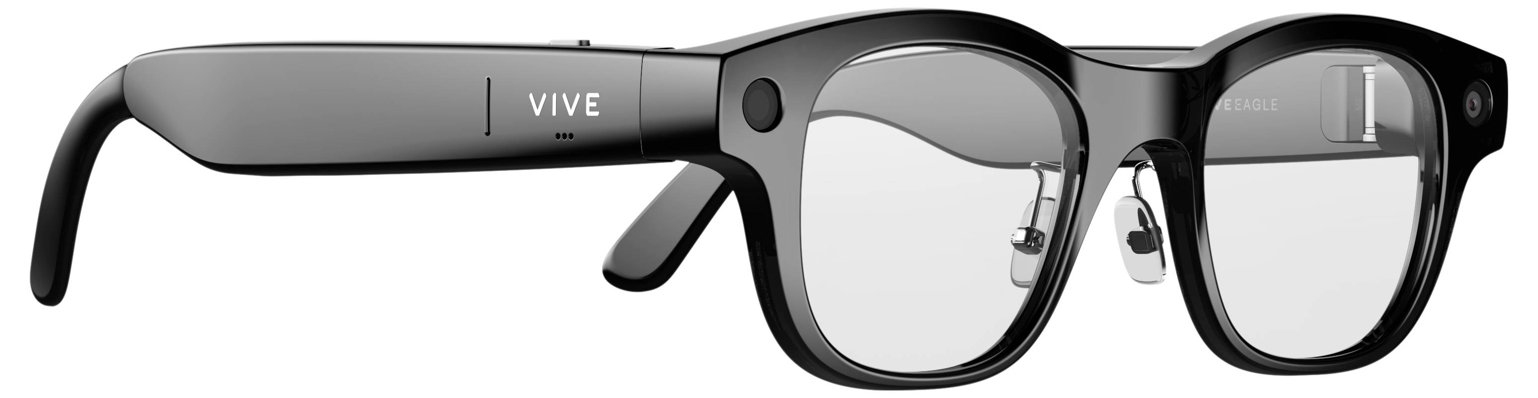 Czarno-szary zestaw rzeczywistości wirtualnej HTC Vive z przezroczystymi soczewkami w stylu okularów pokazany na białym tle.