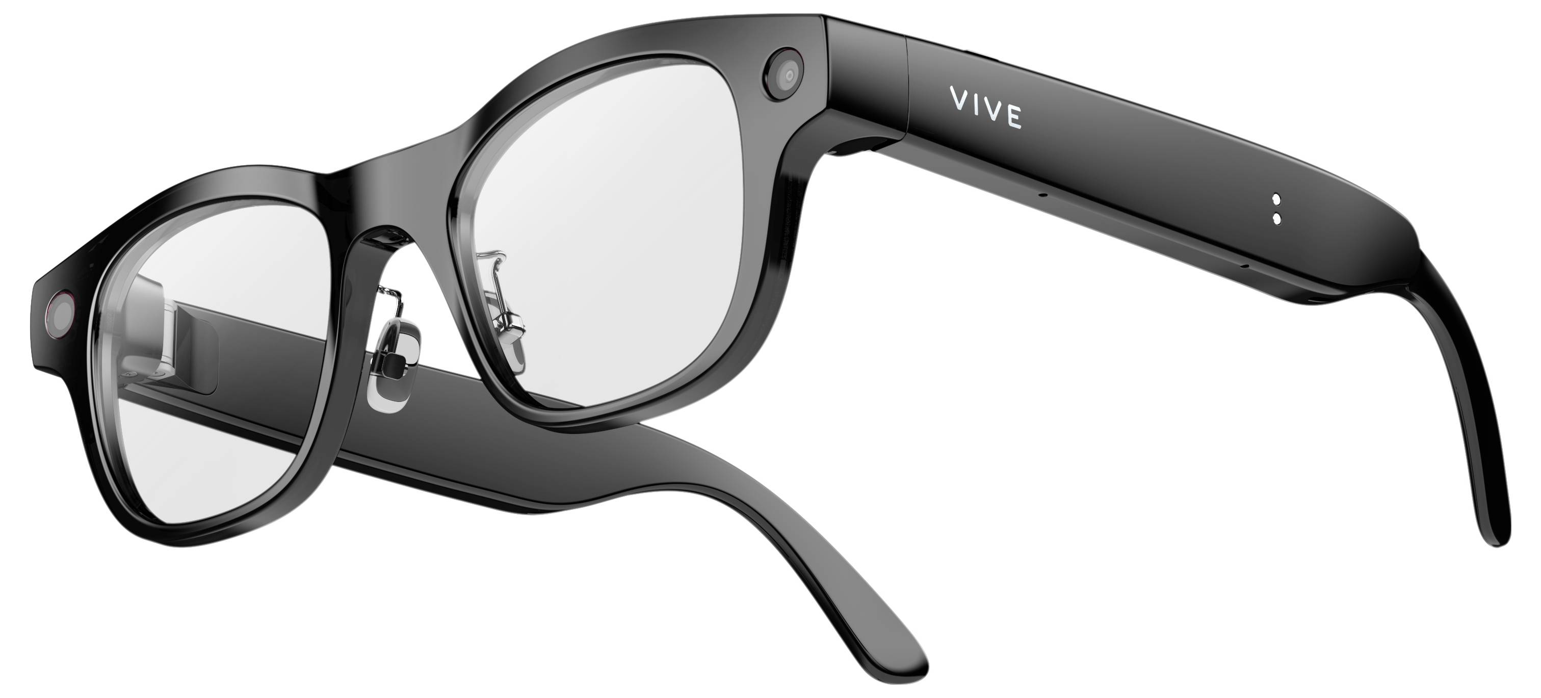 Czarne inteligentne okulary z wbudowaną kamerą i logotypem „VIVE" na oprawce, pokazane na białym tle.