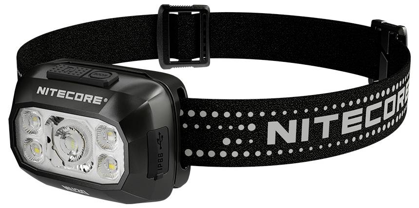 Latarka czołowa Nitecore z regulowanym elastycznym paskiem i pięcioma diodami LED z przodu.