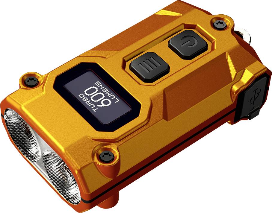 Pomarańczowa ładowalna latarka LED z dwoma przednimi lampami, przyciskami zasilania i trybu oraz cyfrowym wyświetlaczem pokazującym „Turbo 600 Lumenów".