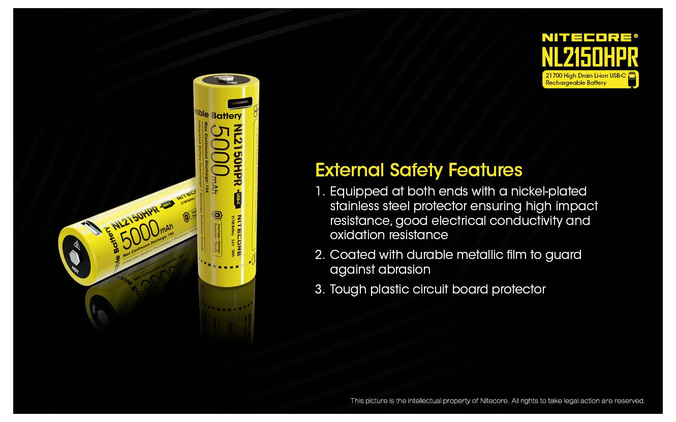 Baterie Nitecore NL2150HPR pokazujące dwie żółte ogniwa litowo-jonowe 5000mAh i tekst wyszczególniający zewnętrzne funkcje bezpieczeństwa: osłona stalowa, film zabezpieczający przed ścieraniem oraz wytrzymała obudowa PCB.
