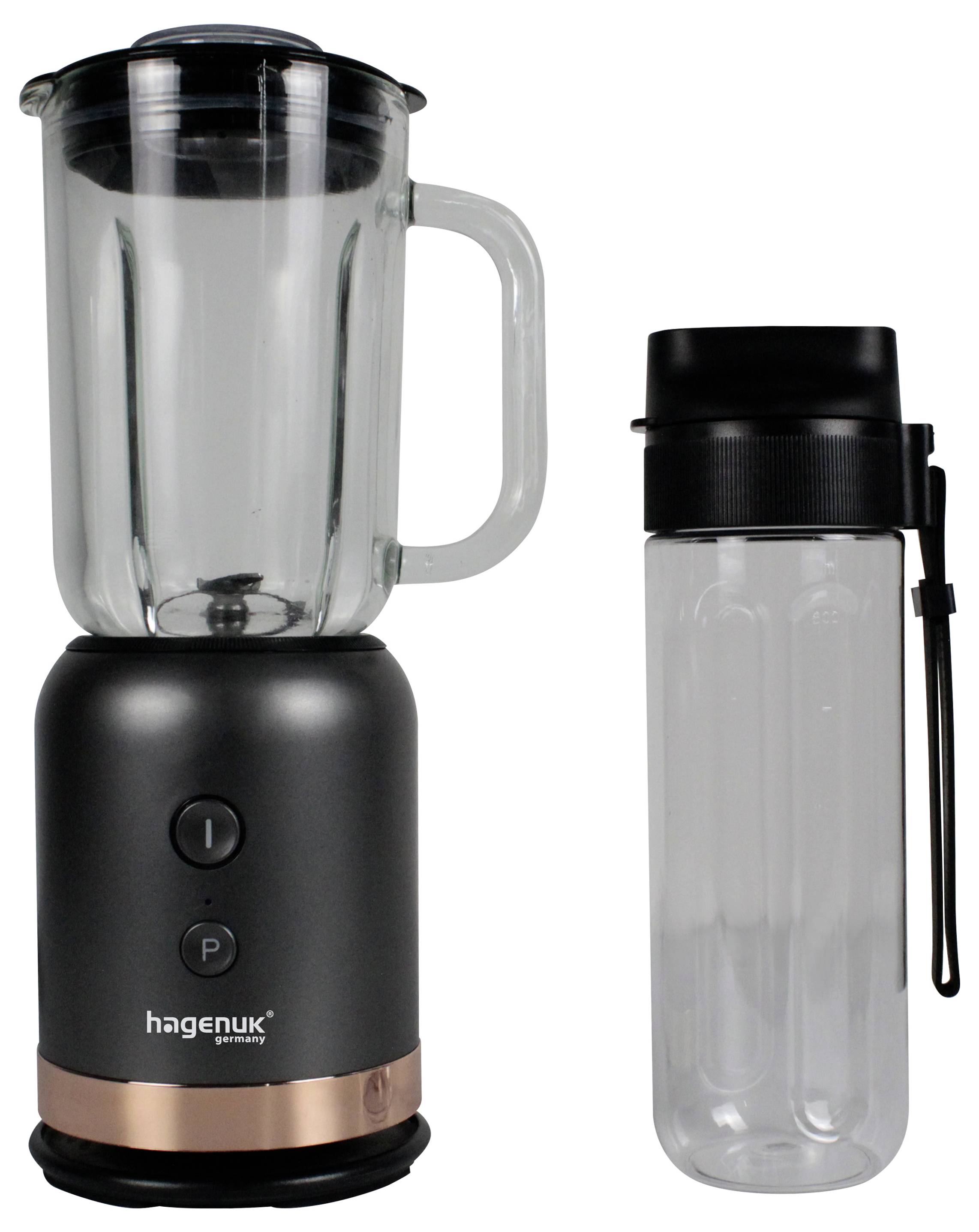 Przenośny blender z przezroczystym dzbankiem na czarnej podstawie i oddzielną przezroczystą butelką podróżną z czarną pokrywką i paskiem