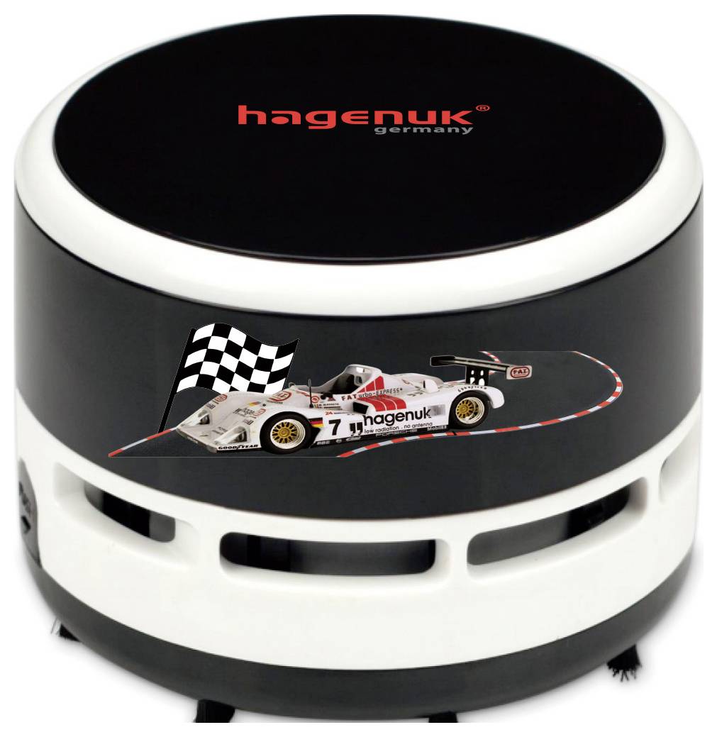 Czarno-biały stołek cylindryczny z logotypem „hagenuk germany" oraz grafiką samochodu wyścigowego na boku, przypominający siedzenie o tematyce motorsportowej.