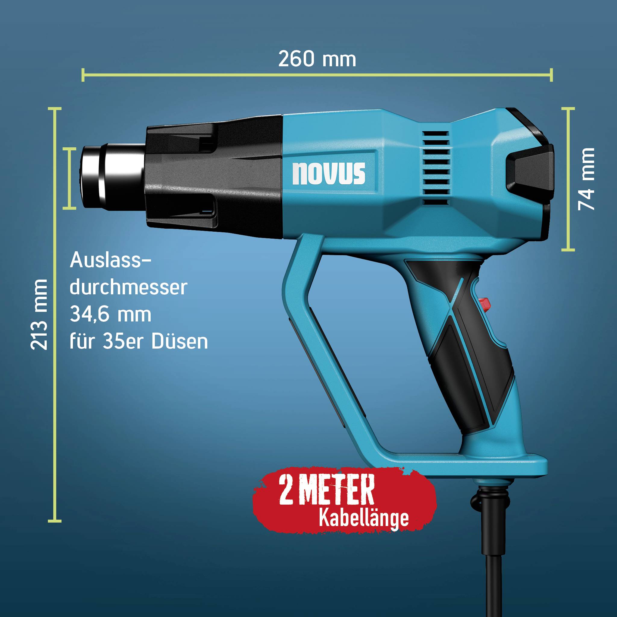 Grafika produktu NOVUS pistoletu gorącego powietrza, pokazanego z wymiarami 260 mm długości, 213 mm wysokości, 74 mm szerokości, średnica wylotu 34,6 mm i długość kabla 2 m.
