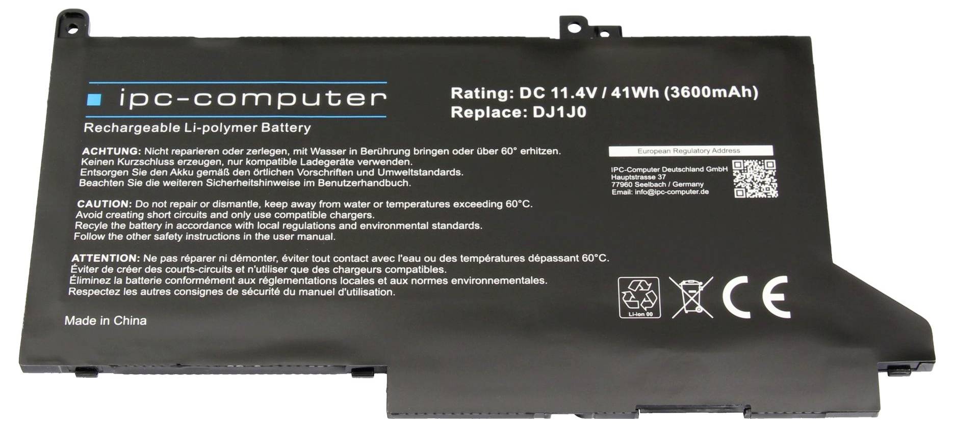 Czarny akumulator do laptopa IPC-computer do ładowania oznaczony etykietą „Rating: DC 11.4V / 41Wh (3600mAh)" i „Replace: DJ1J0" z ostrzeżeniami bezpieczeństwa.