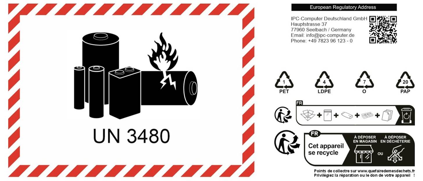 Etykieta ostrzeżenia dotyczącego zagrożenia baterii dla baterii litowo-jonowych UN 3480, z czerwoną obwódką w paski i instrukcjami recyklingu/sortowania z boku.