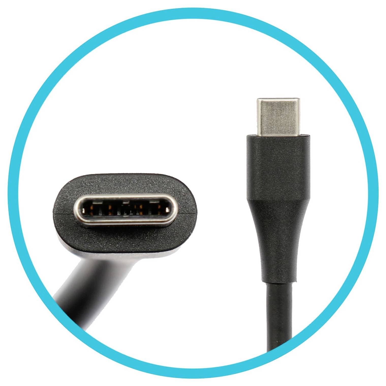 Kabel USB-C connector pokazany od przodu i z boku wewnątrz niebieskiego koła.