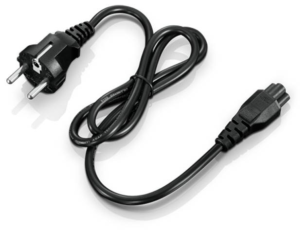 Czarny kabel zasilający z europejską wtyczką dwukolkową i złączem urządzenia na białym tle.