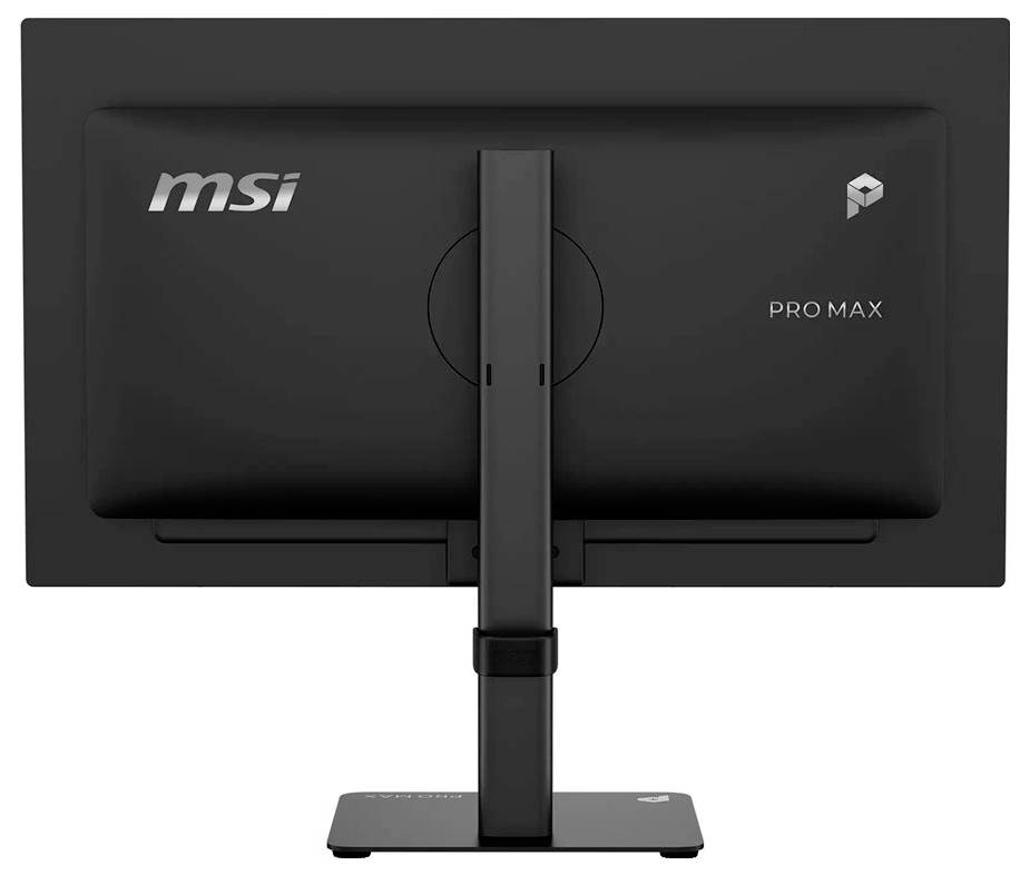 Widok tylny monitora MSI Pro Max na statywie, pokazujący centralnie umieszczoną kolumnę nośną i logotyp marki z tyłu.