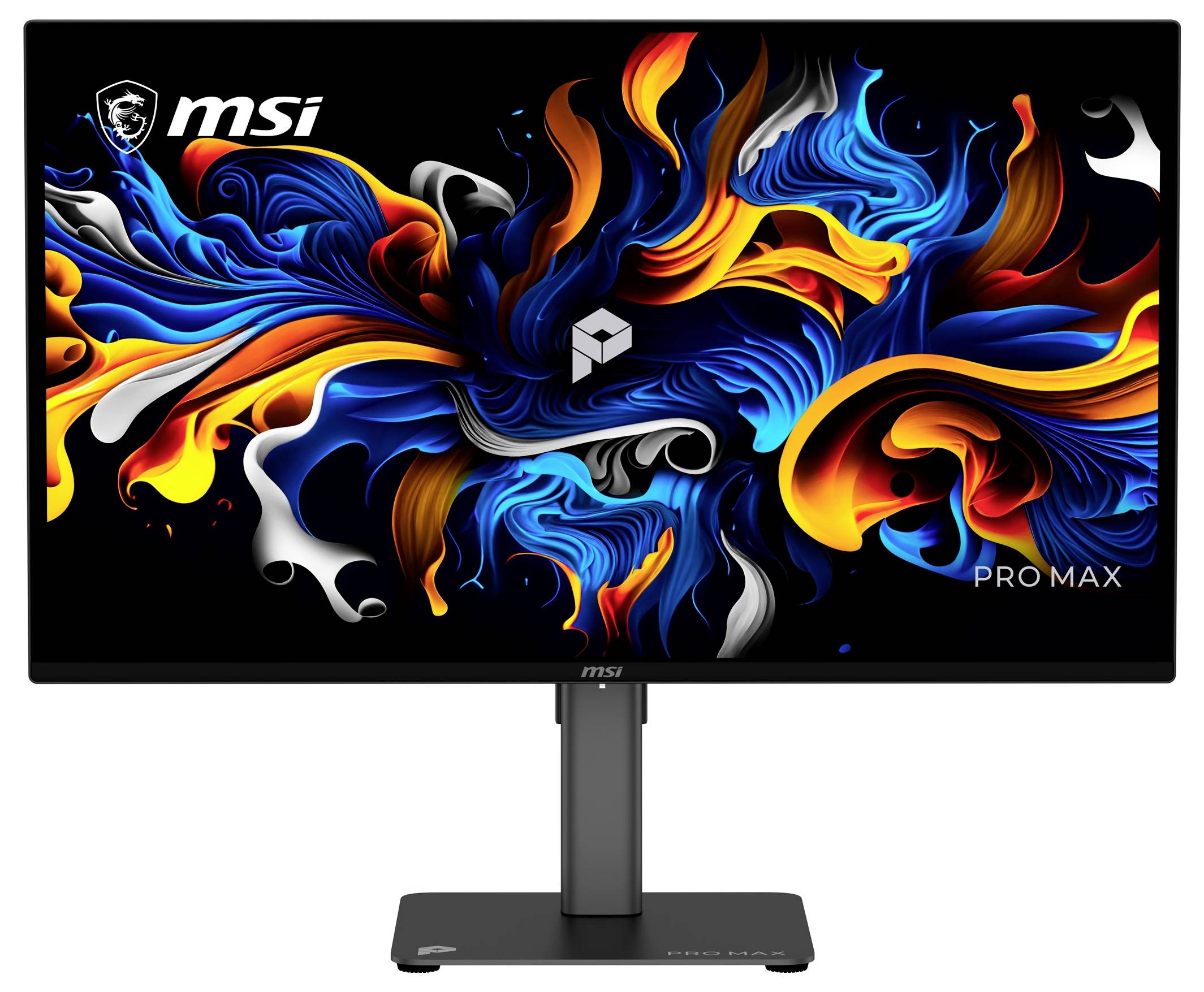 Monitor MSI Pro MPX na statywie, wyświetlający kolorową abstrakcyjną grafikę w odcieniach niebieskiego, pomarańczowego i białego z logiem MSI i tekstem „PRO MAX".