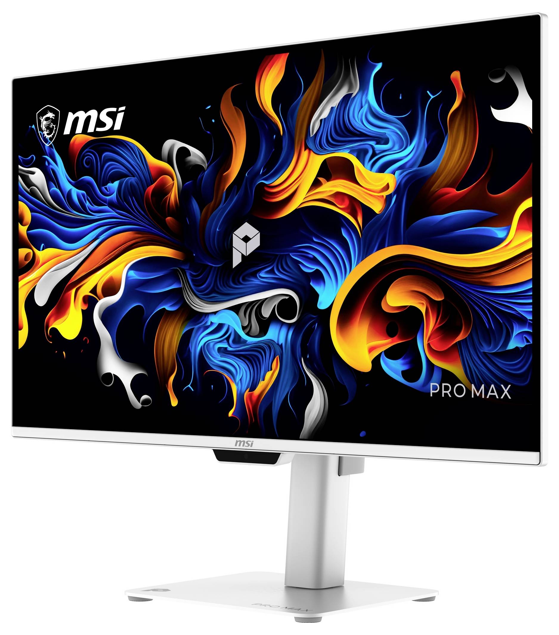 Monitor MSI Pro MPX z abstrakcyjnym niebieskim, pomarańczowym i żółtym wzorem wirów na ekranie, pokazany na białym statniku na jednolitym tle.