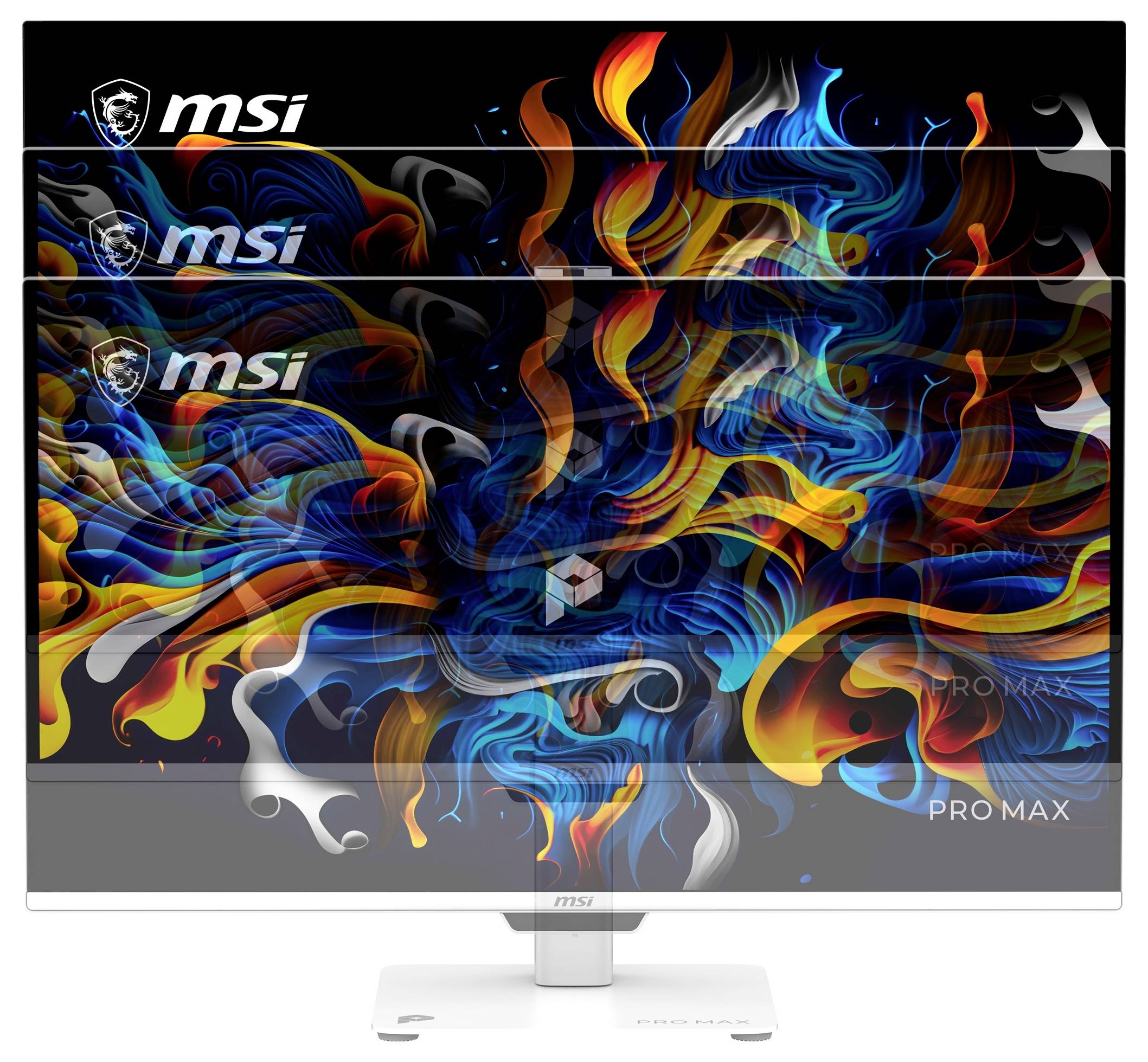 Monitor serii MSI Pro MPX z kolorowym abstrakcyjnym sztuką podobną do ognia wyświetlanym na ekranie i logo MSI widocznym na całym wyświetlaczu.