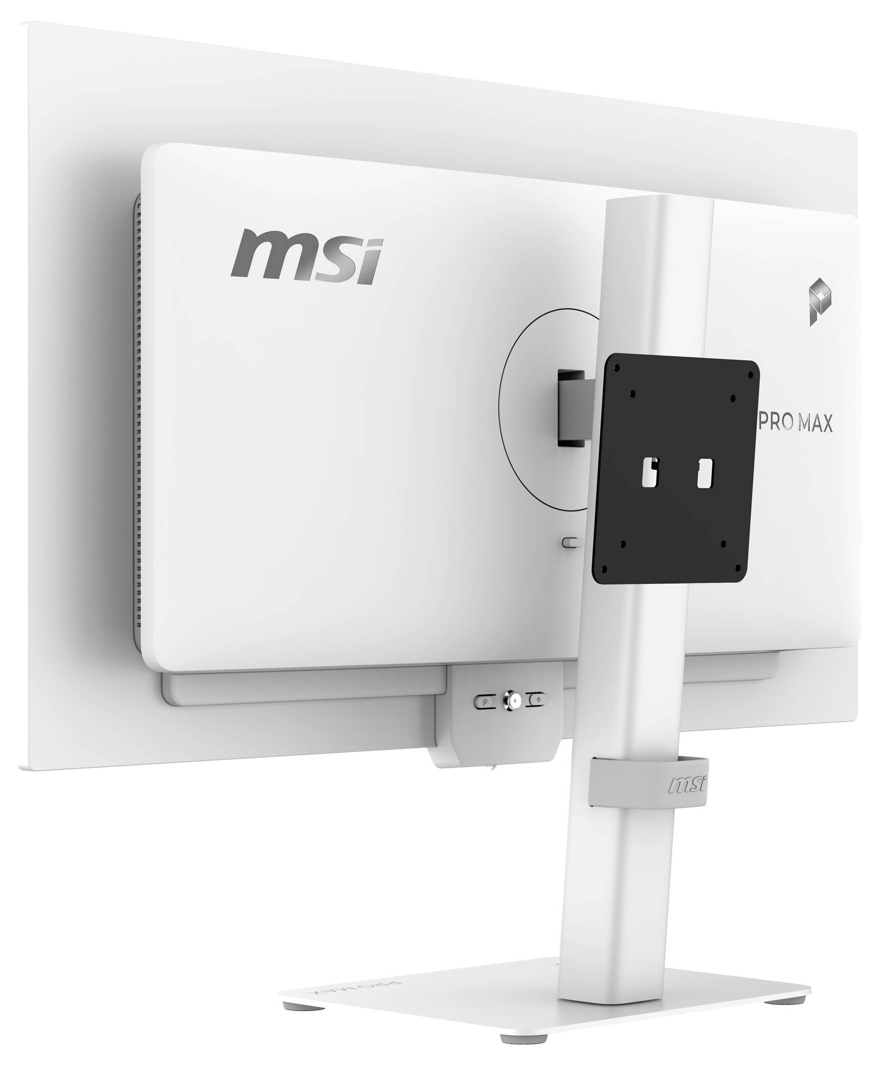 Monitor MSI all-in-one wyświetlany od tyłu na białym stawie z widocznym brandingiem „PRO MAX".