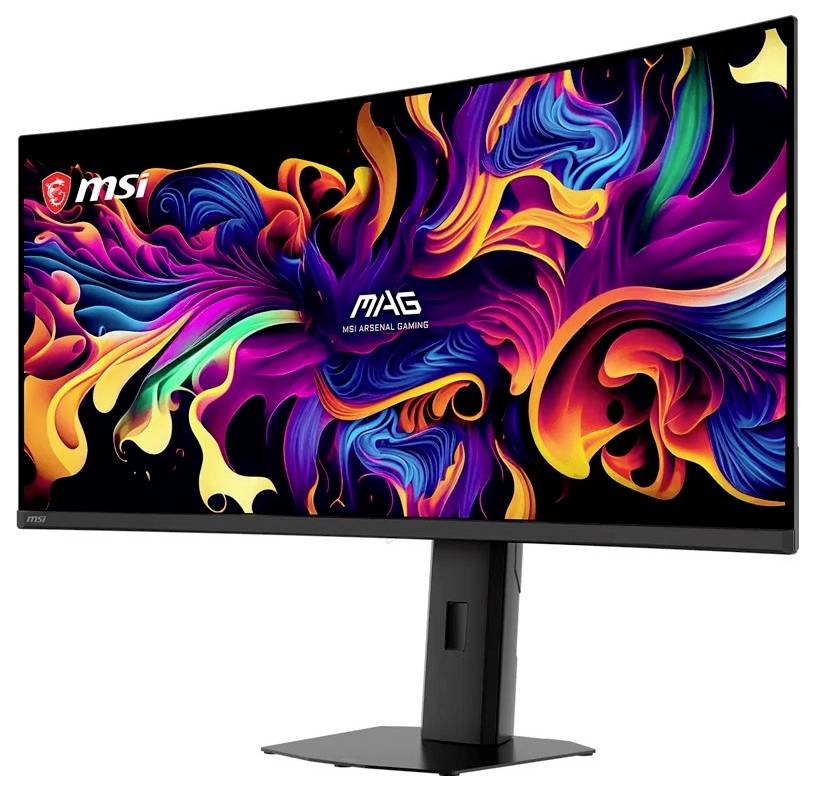 Zakrzywiony monitor gamingowy MSI MAG na statywie, wyświetlający kolorowy abstrakcyjny wzór spirali oraz logotypy „MSI" i „MAG".