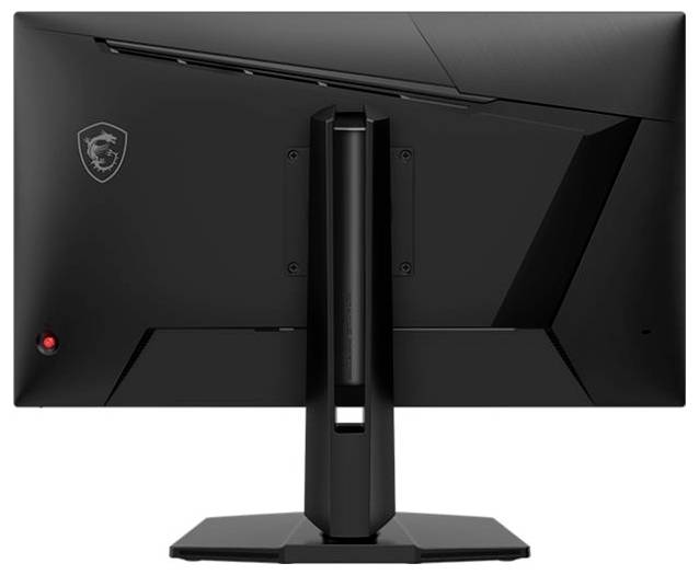 Widok z tyłu czarnego monitora komputerowego MSI na statywie, z logo po lewej stronie i czerwonym wskaźnikiem zasilania w pobliżu dołu.