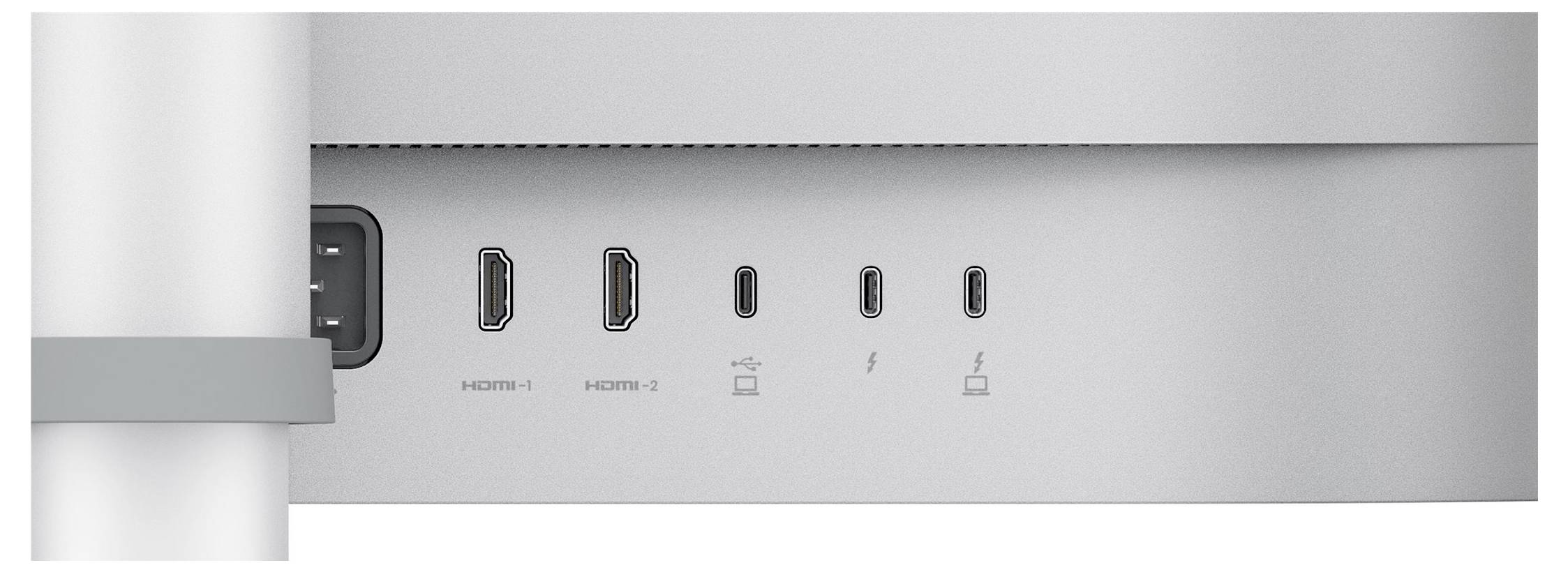 Zbliżenie na srebrny panel urządzenia z wieloma portami, w tym HDMI 1, HDMI 2, USB i złączami związanymi z zasilaniem.
