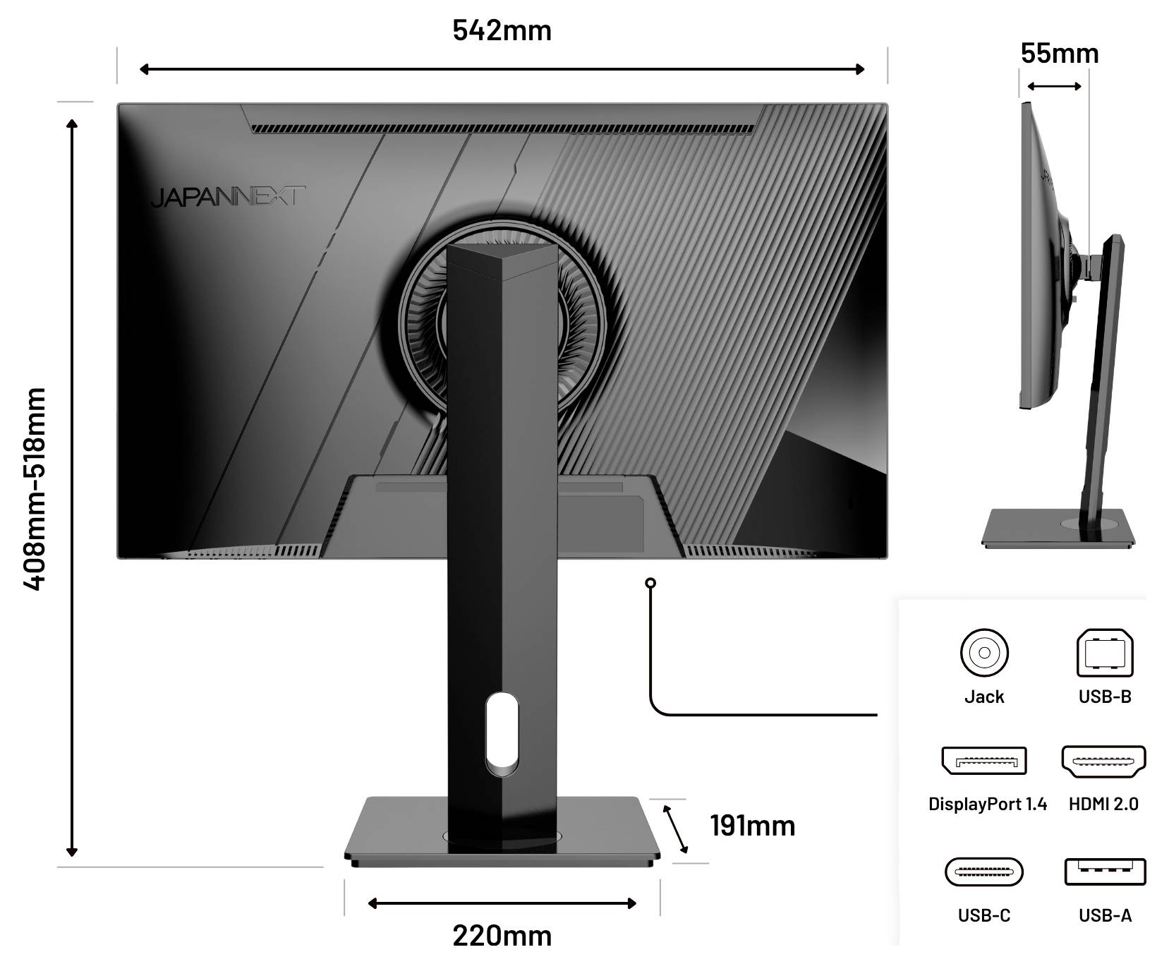 Diagram monitora JAPANNEXT pokazujący rozmiar i porty: szerokość 542 mm, wysokość 408-518 mm, podstawa 220 mm, głębokość 191 mm; gniazda, USB-B, DisplayPort 1.4, HDMI 2.0, USB-C, USB-A.