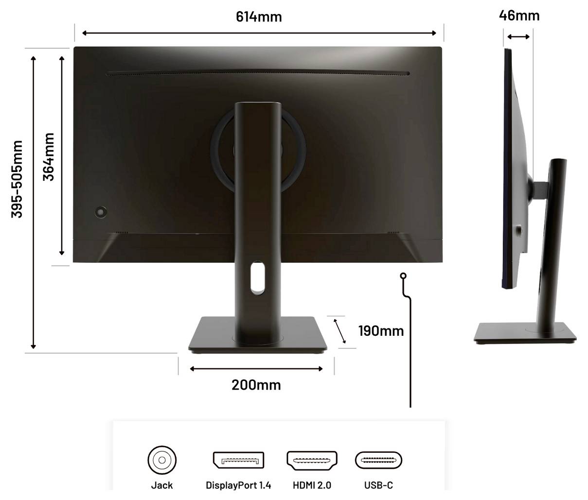 Diagram wymiarów monitora pokazujący widok z przodu i z boku z pomiarami: 614 mm szerokości, 395–505 mm wysokości, 46 mm głębokości, 200 mm podstawy stojaka, 190 mm wysokości stojaka; porty oznaczone jako Jack, DisplayPort 1.4, HDMI 2.0, USB-C.