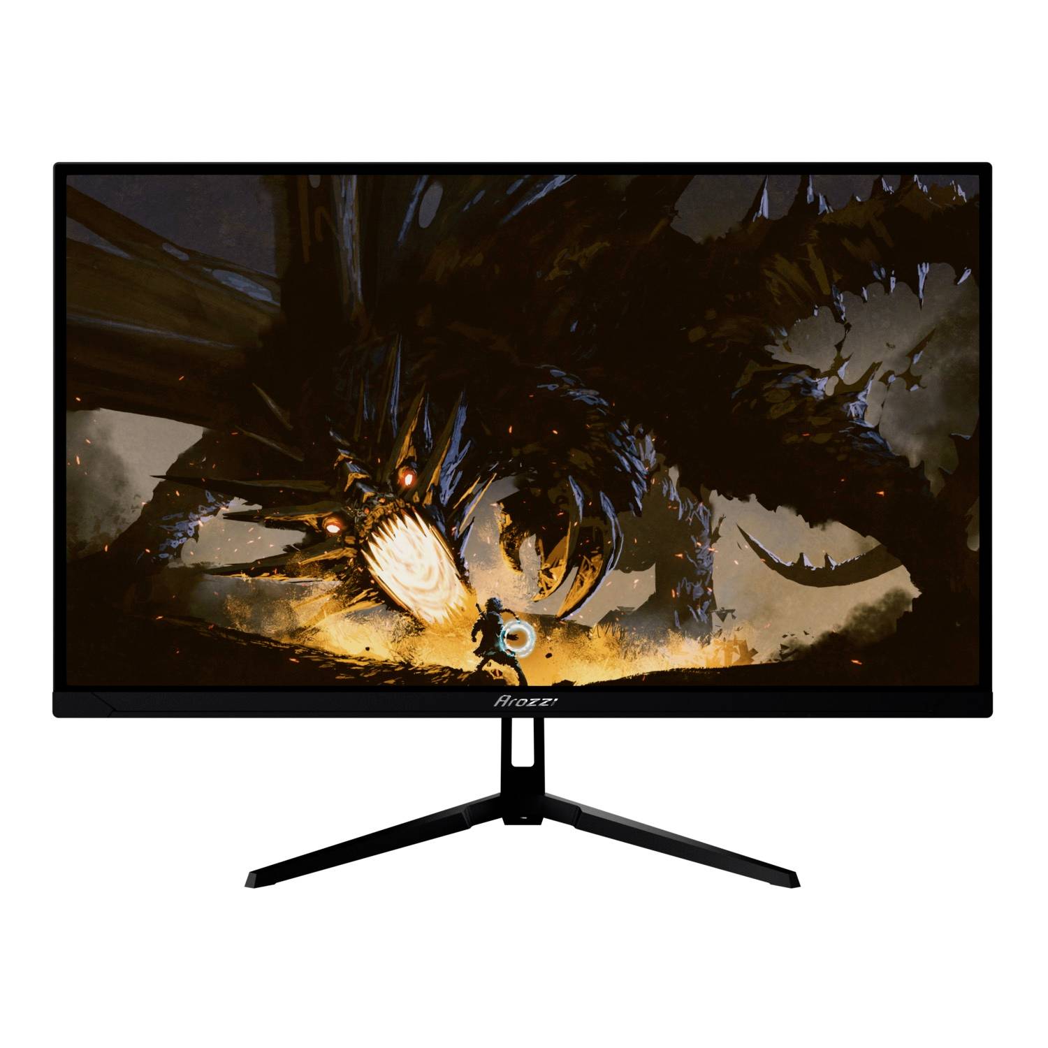 Monitor do gier wyświetla scenę bitwy fantasy z podobnym do smoka stworem i małą postacią w środku ognistej akcji.
