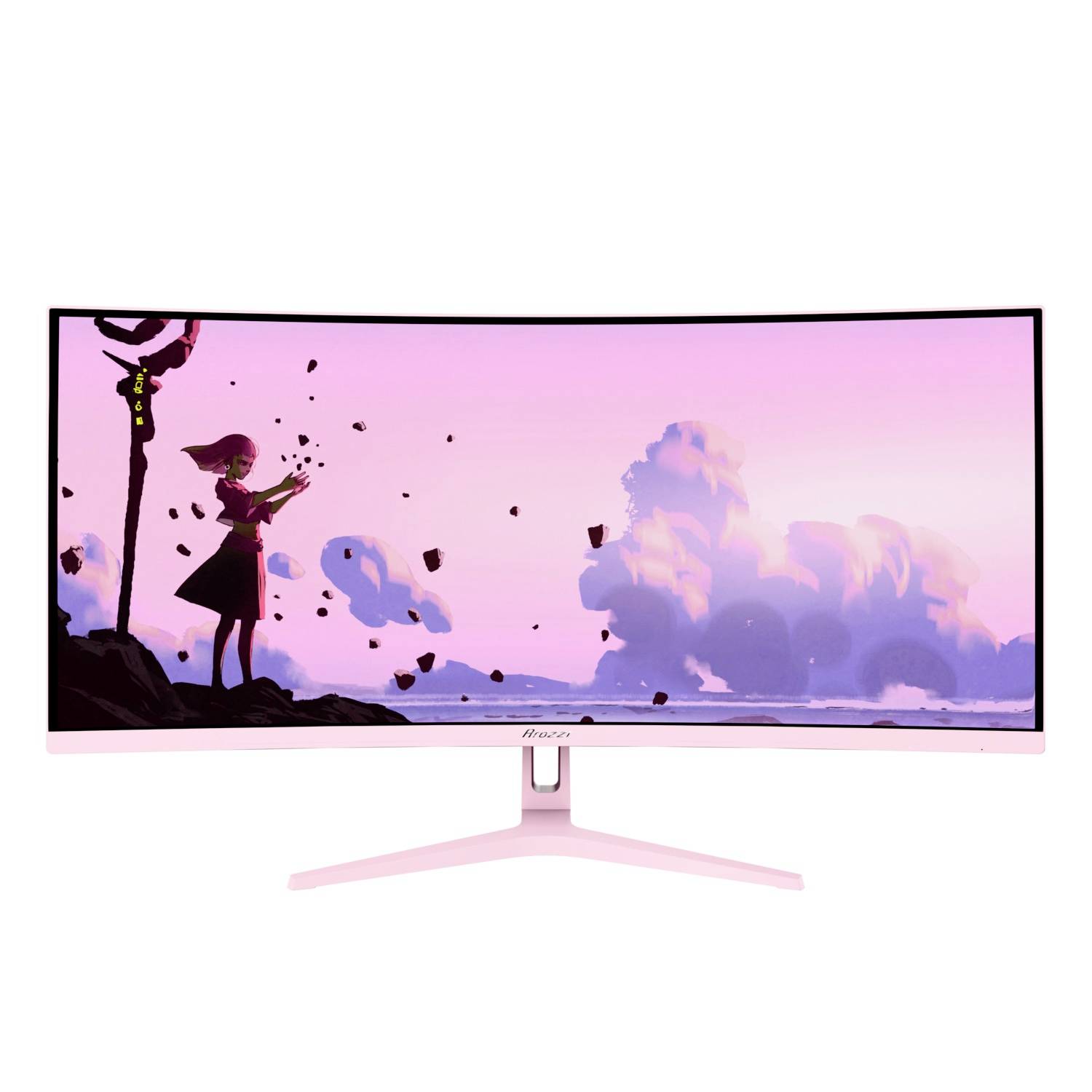 Zakrzywiony różowy monitor wyświetlający dziewczynę w stylu anime na tle pastelowego nieba z chmurami i dryfującymi płatkami.