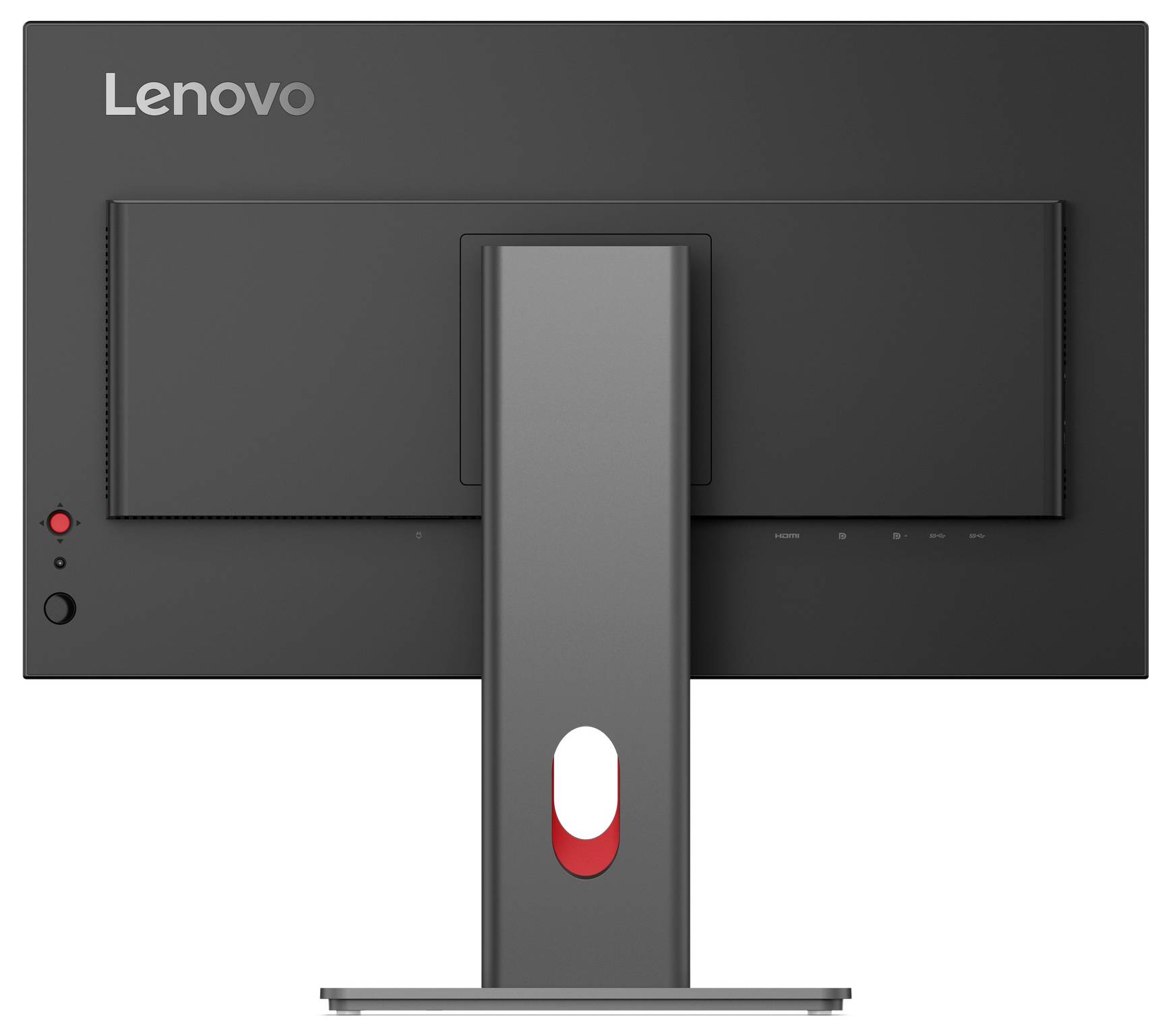 Widok z tyłu monitora Lenovo z centralnym stojakiem i czerwonym przyciskiem zasilania, pokazujący panel tylny i podstawę.