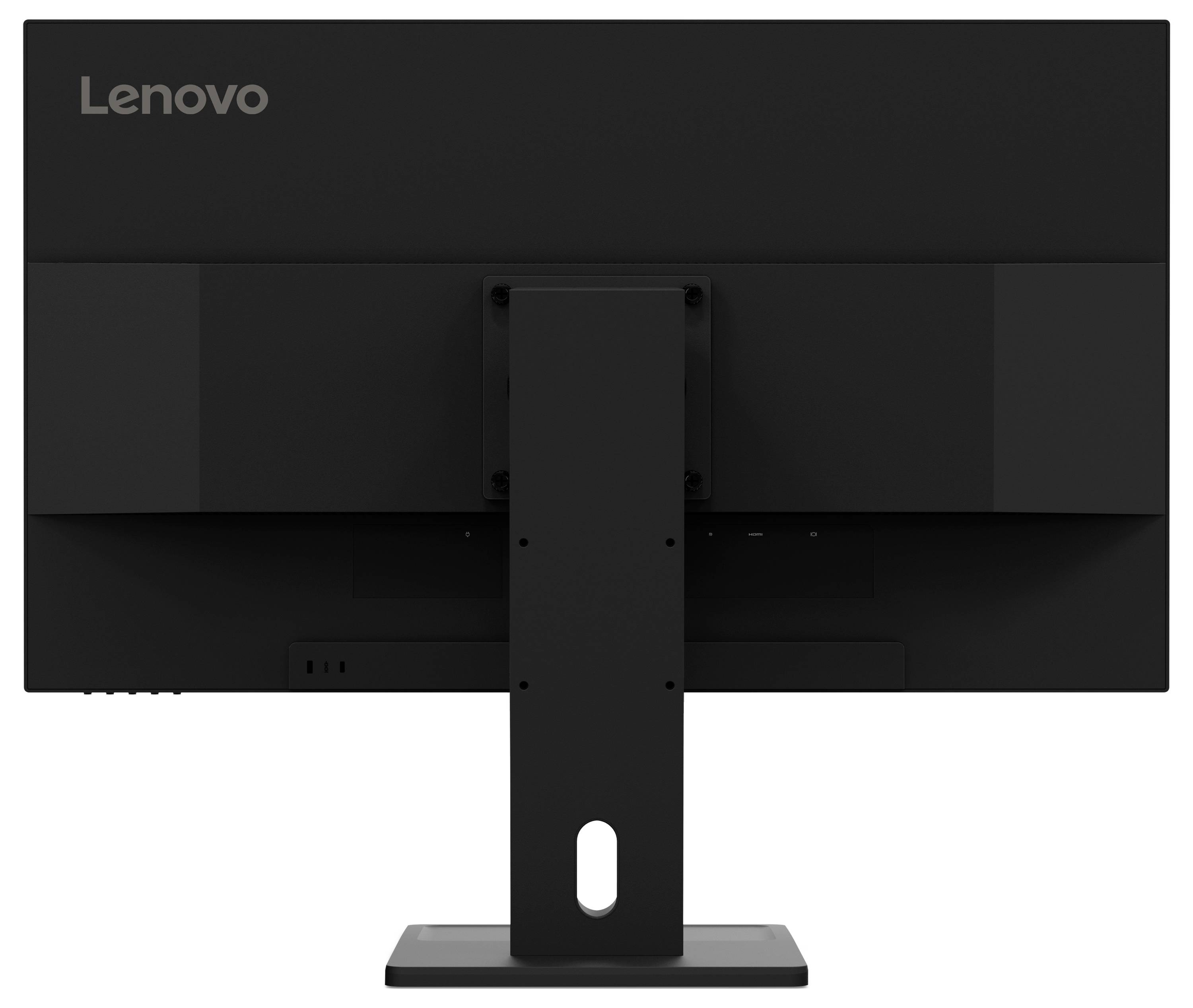 Widok z tyłu monitora komputerowego Lenovo na statywie, pokazujący centralną kolumnę montażową i prostokątną podstawę.
