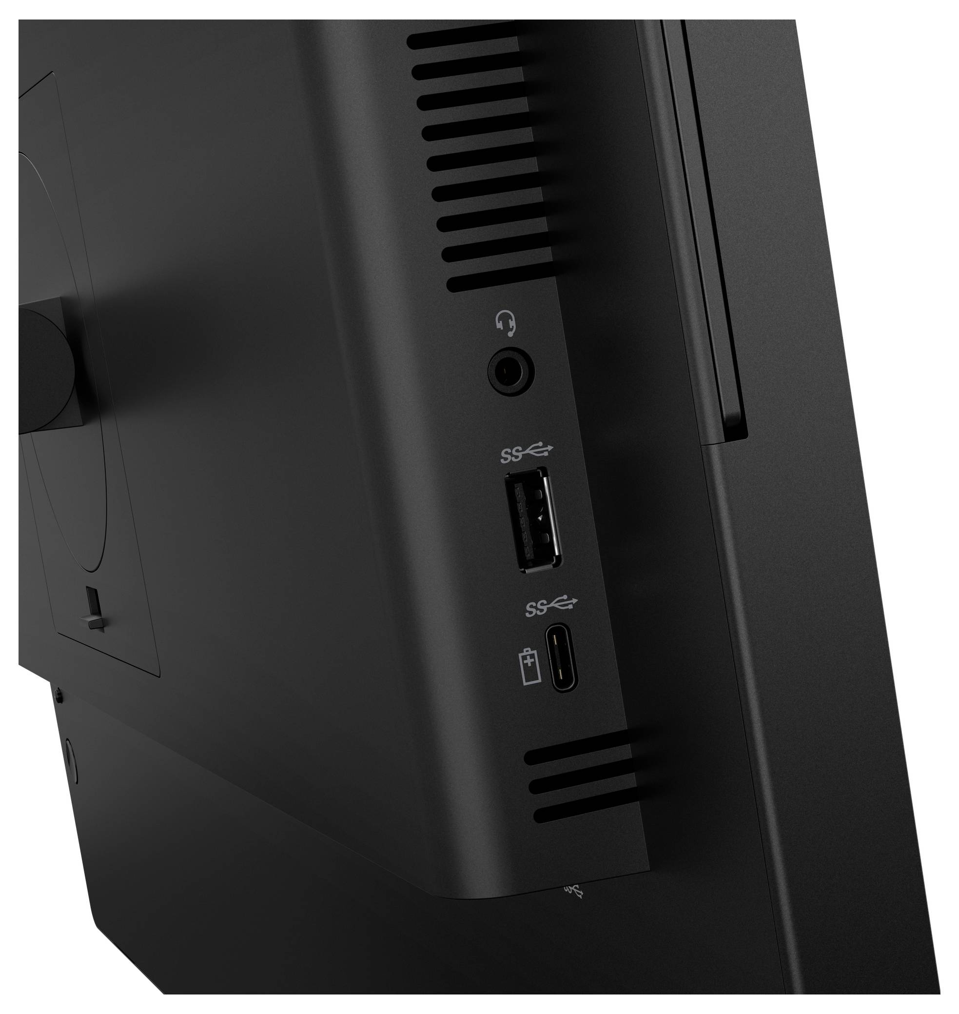Zbliżenie panelu wejść/wyjść z boku monitora z gniazdem słuchawek, portem USB-A i portem USB-C.