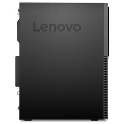 Czarna obudowa komputera stacjonarnego Lenovo z logo Lenovo na przedniej części.