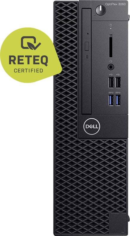 Widok z przodu obudowy stacjonarnej Dell OptiPlex 3060 z żółtą naklejką „RETEQ CERTIFIED".