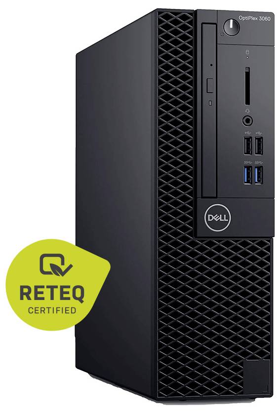 Wieża stacjonarna Dell OptiPlex 3060 pokazana w widoku frontu z odznką „RETEQ CERTIFIED".