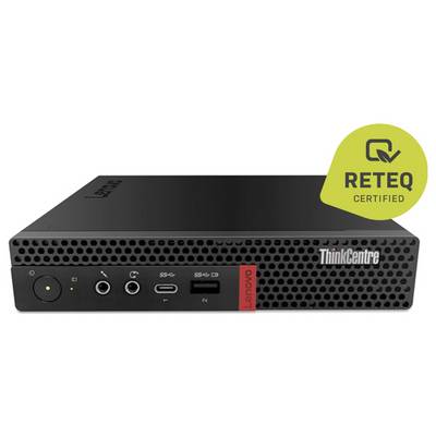 Przedni widok miniaturowego komputera stacjonarnego Lenovo ThinkCentre z przyciskiem zasilania, gniazdy audio, portami USB-C, portami USB i certyfikowanym emblematem RE-TEQ.