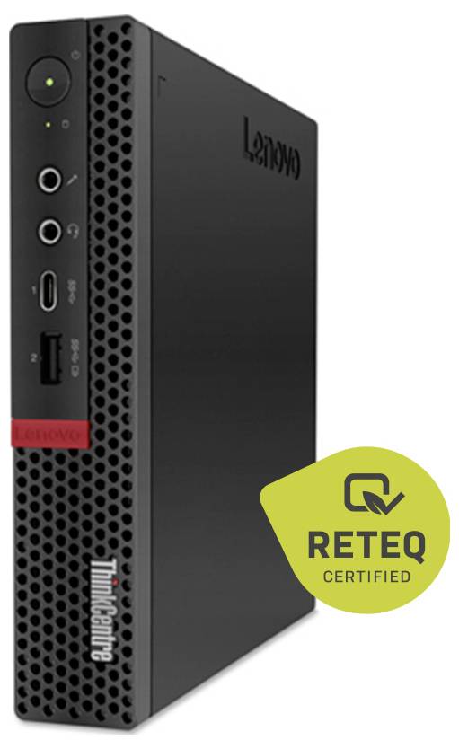 Kompaktowy komputer stacjonarny Lenovo ThinkCentre, widok z przodu-lewej strony, z nałożonym logiem "RETEQ CERTIFIED".