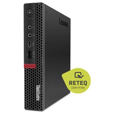 Kompaktowy komputer stacjonarny Lenovo ThinkCentre, widok z przodu-lewej strony, z nałożonym logiem "RETEQ CERTIFIED".