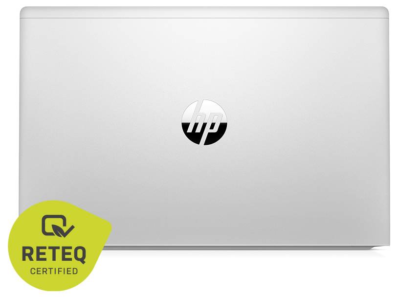 Zamknięty srebrny laptop HP widziany z góry, z logo HP wycentrowanym i odznką "RETEQ CERTIFIED" w dolnym lewym rogu.